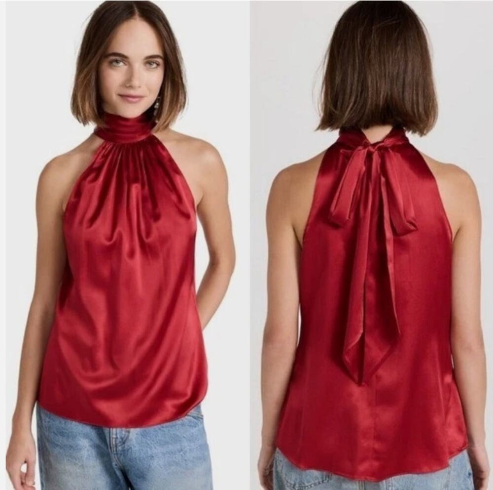 Ramy Brooke Silk Red Halter Top Tie Neck Size Small